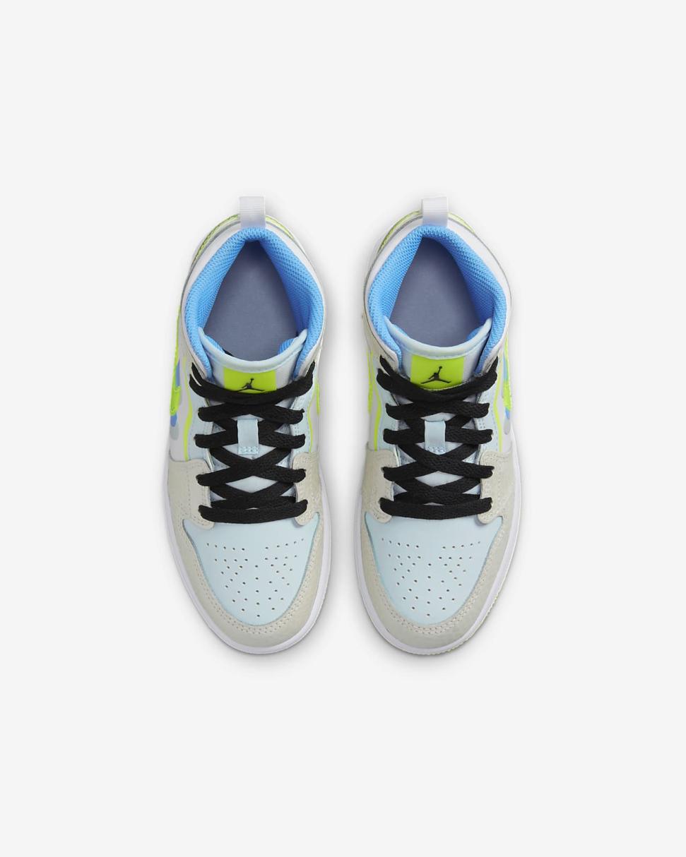 Jordan 1 Mid SE Platinum Tint/Blue Tint/University Blue/Volt | Kids Nike Jordan