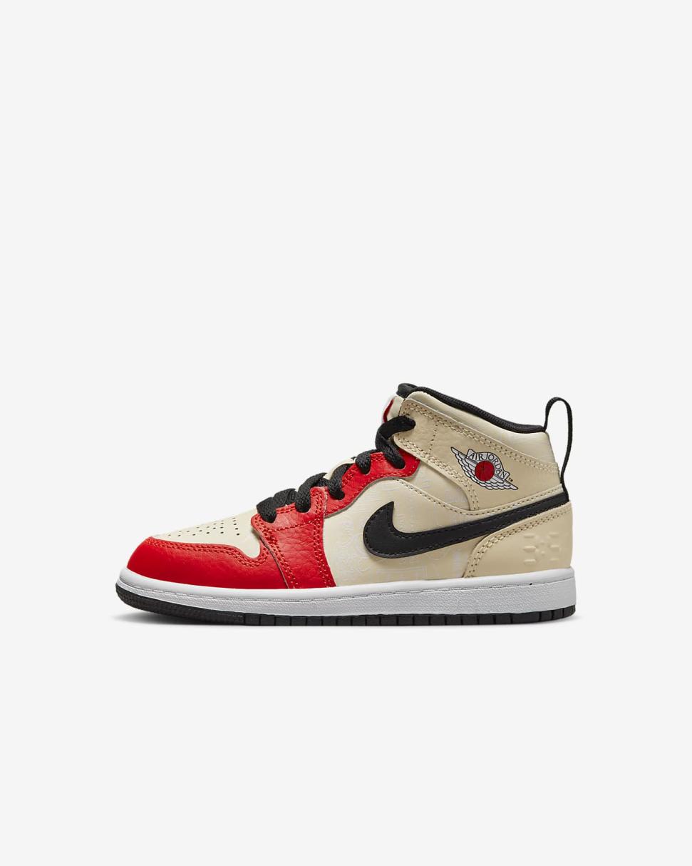 Jordan 1 Mid Sneaker School Muslin/Black/White/Chile Red | Kids Nike Jordan