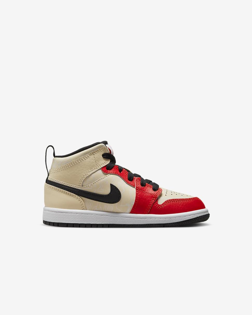 Jordan 1 Mid Sneaker School Muslin/Black/White/Chile Red | Kids Nike Jordan