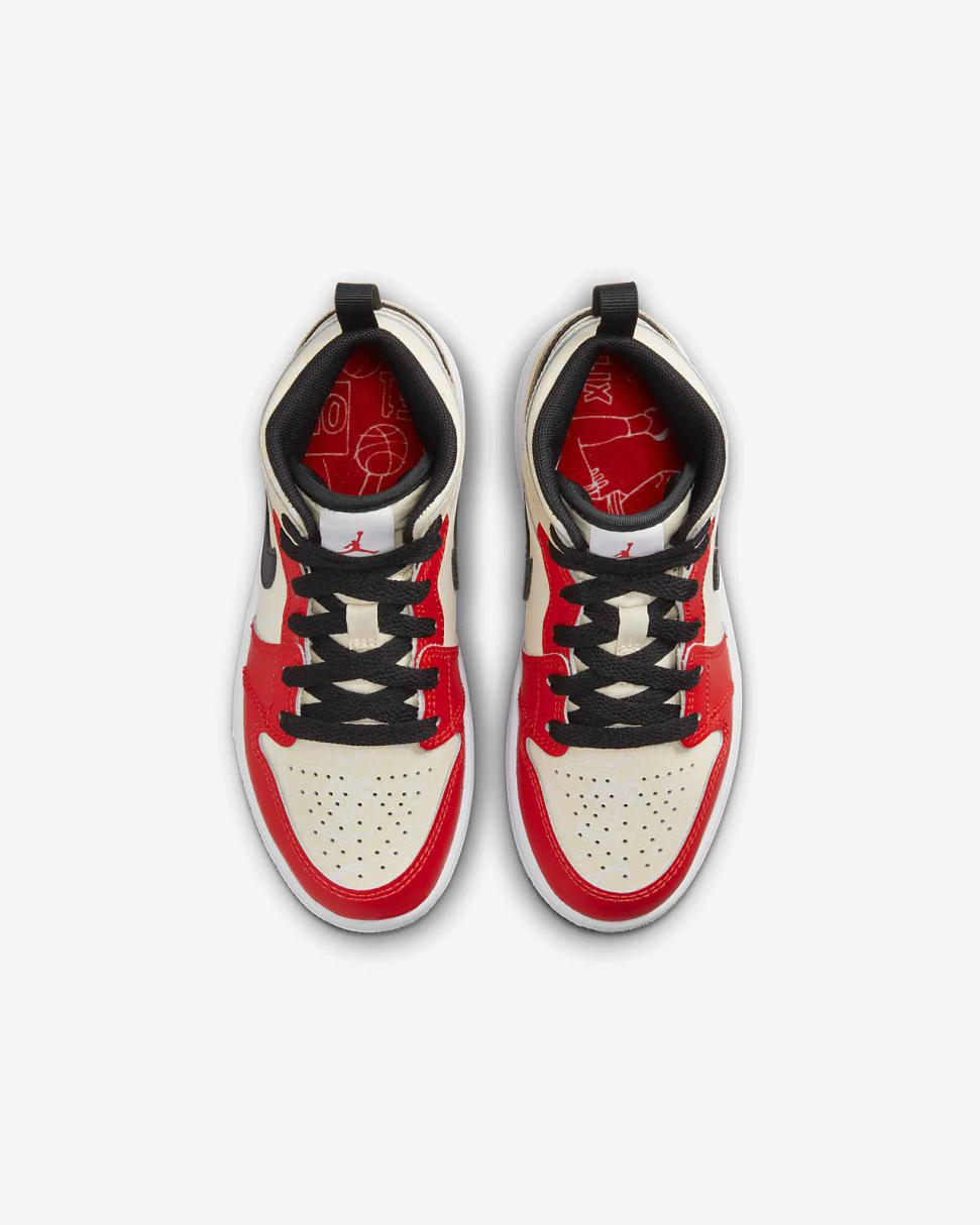 Jordan 1 Mid Sneaker School Muslin/Black/White/Chile Red | Kids Nike Jordan