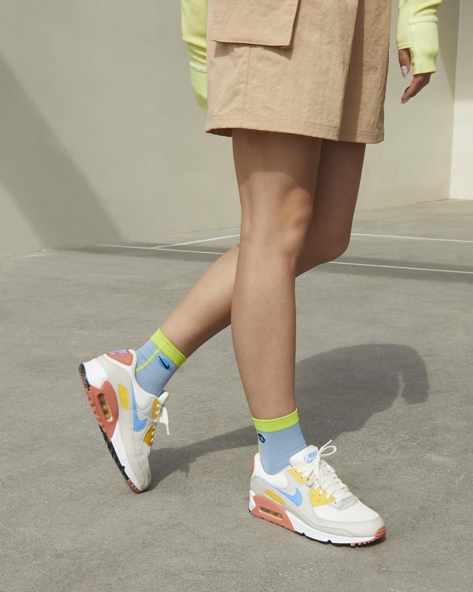 Nike Air Max 90 Summit White/Light Bone/Vivid Sulfur/University Blue | Womens Nike Lifestyle