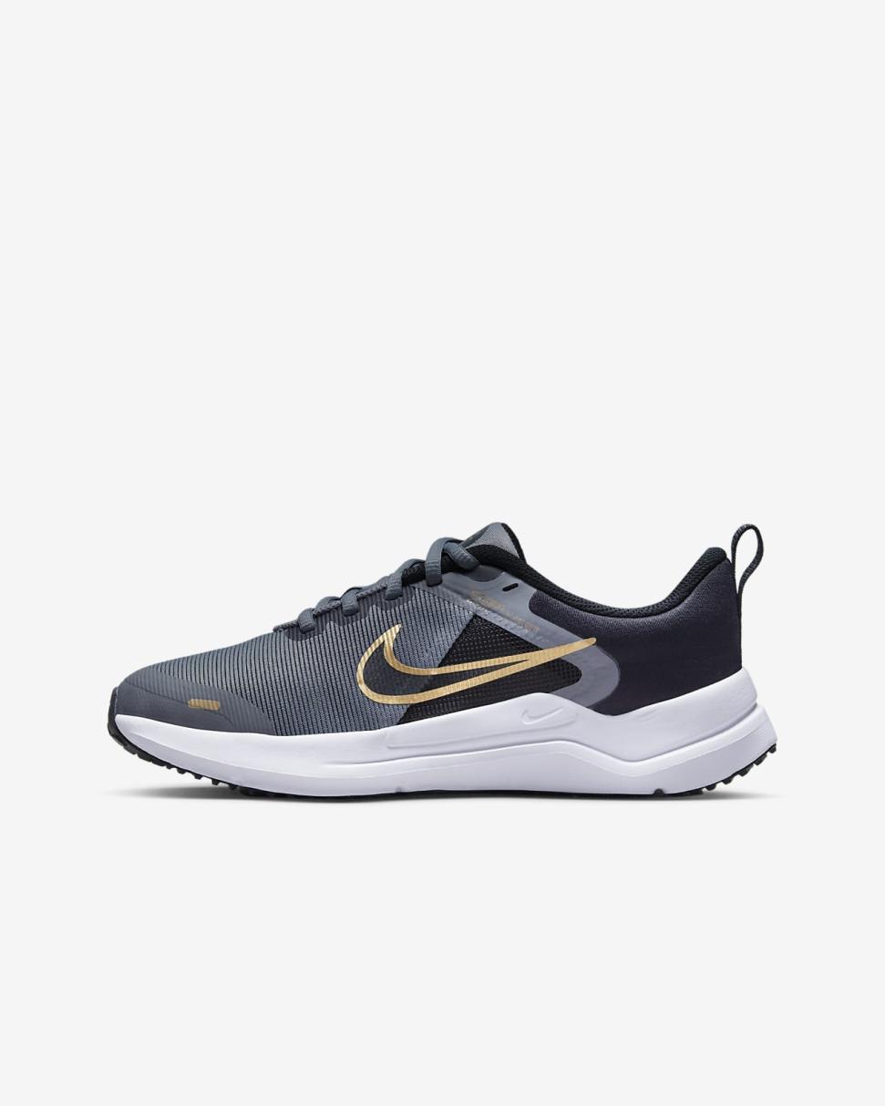 Nike Downshifter 12 Cool Grey/Black/White/Metallic Gold | Kids Nike Running