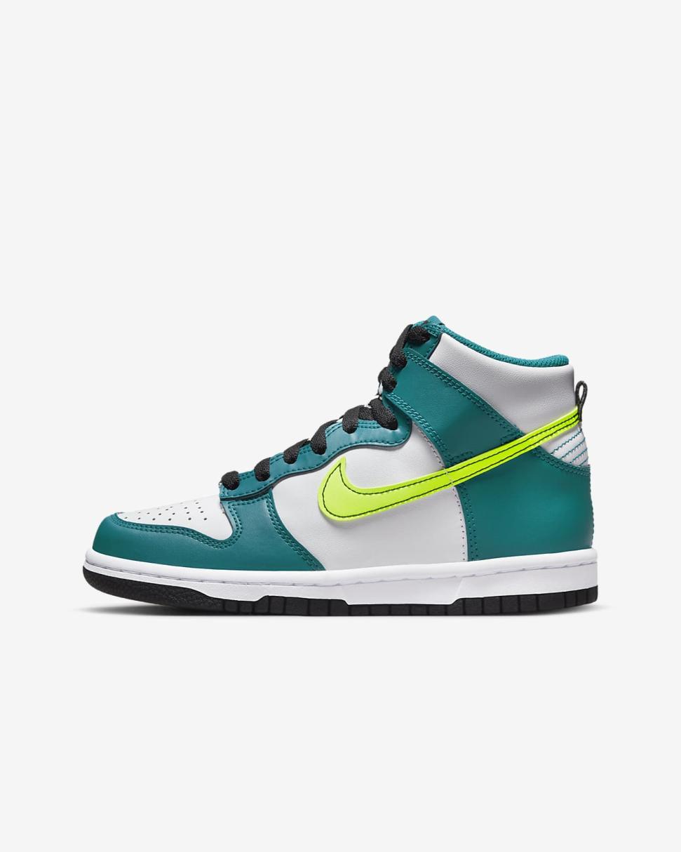 Nike Dunk High White/Bright Spruce/Black/Volt | Kids Nike Dunks & Blazers
