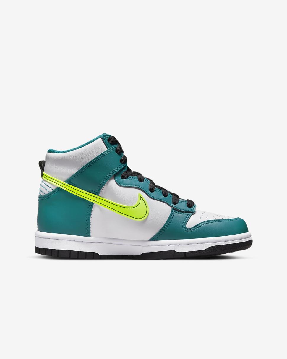 Nike Dunk High White/Bright Spruce/Black/Volt | Kids Nike Dunks & Blazers
