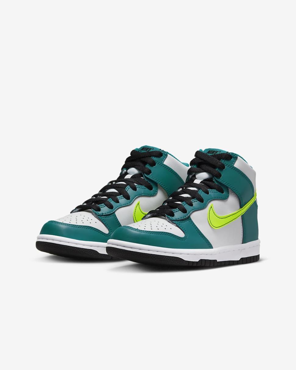 Nike Dunk High White/Bright Spruce/Black/Volt | Kids Nike Dunks & Blazers