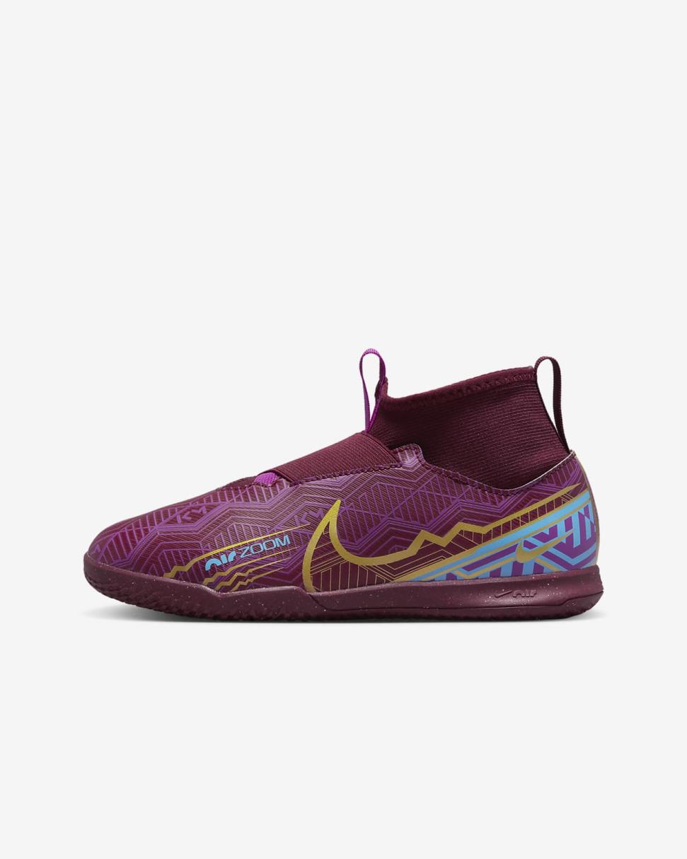 Nike Jr. Mercurial Zoom Superfly 9 Academy KM IC Dark Beetroot/University Blue/Vivid Purple/Metallic Vivid Gold | Kids Nike Soccer