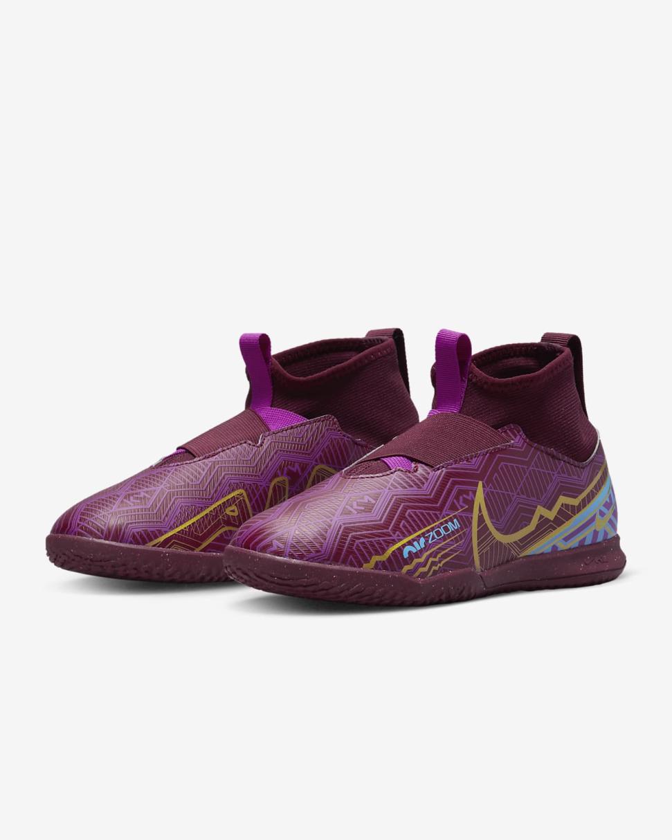 Nike Jr. Mercurial Zoom Superfly 9 Academy KM IC Dark Beetroot/University Blue/Vivid Purple/Metallic Vivid Gold | Kids Nike Soccer