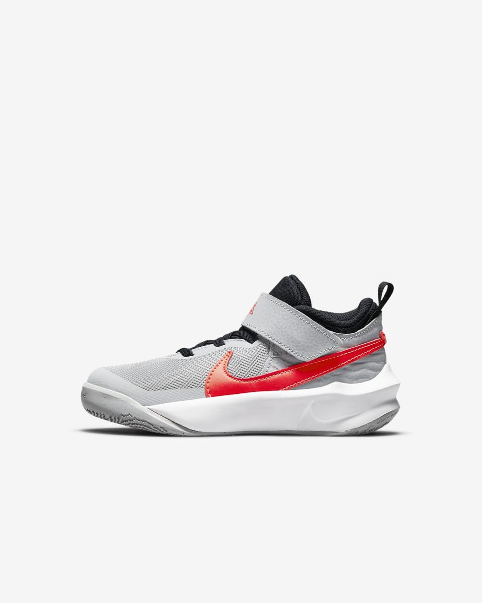 Nike Team Hustle D 10 Light Smoke Grey/Dark Obsidian/White/Bright Crimson | Kids Nike Basketball
