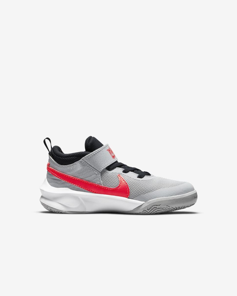 Nike Team Hustle D 10 Light Smoke Grey/Dark Obsidian/White/Bright Crimson | Kids Nike Basketball