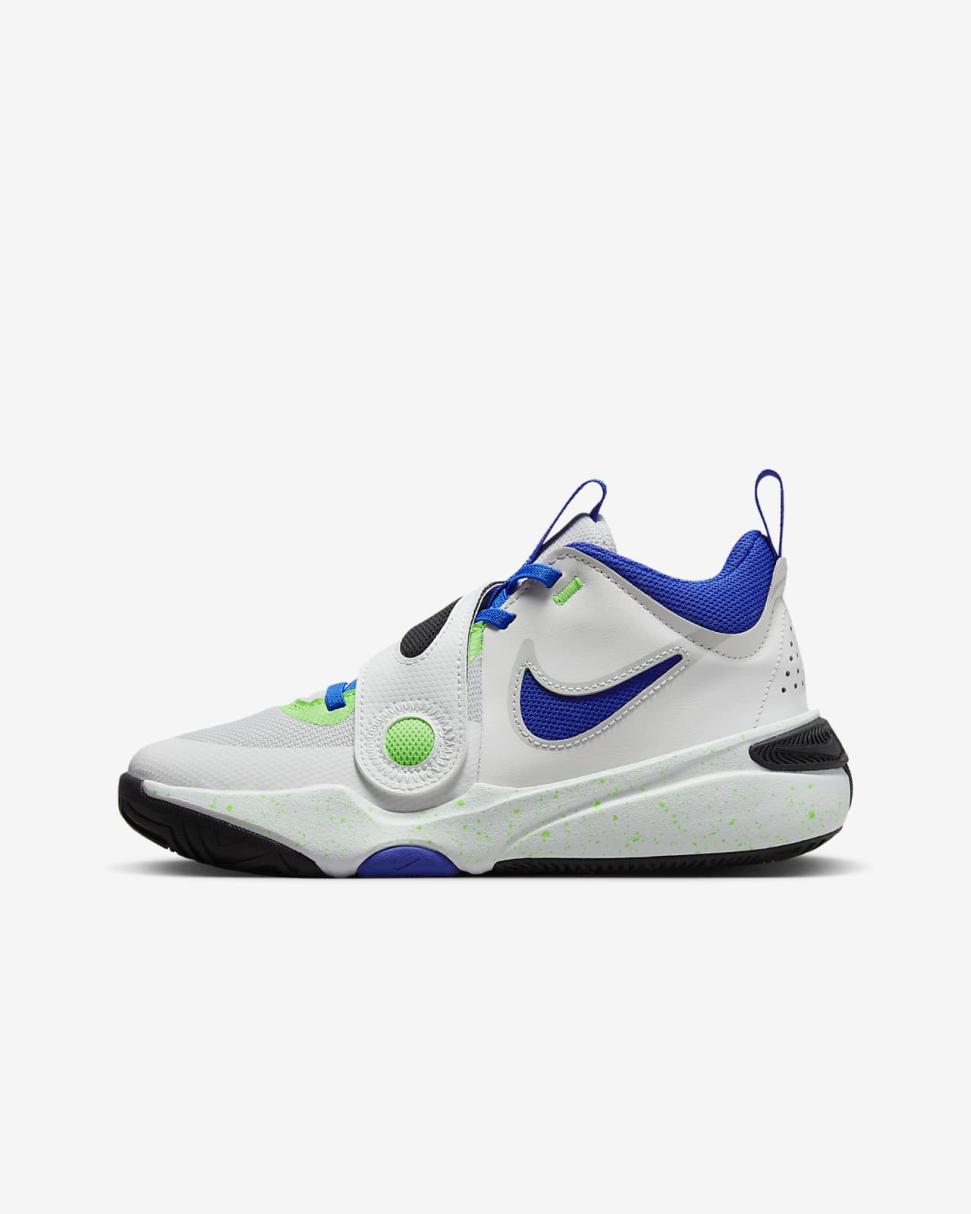 Nike Team Hustle D 11 Summit White/Pure Platinum/Green Strike/Racer Blue | Kids Nike First Day Kicks