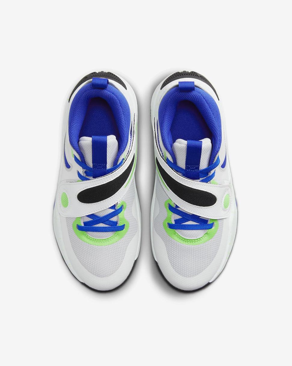 Nike Team Hustle D 11 Summit White/Pure Platinum/Green Strike/Racer Blue | Kids Nike First Day Kicks