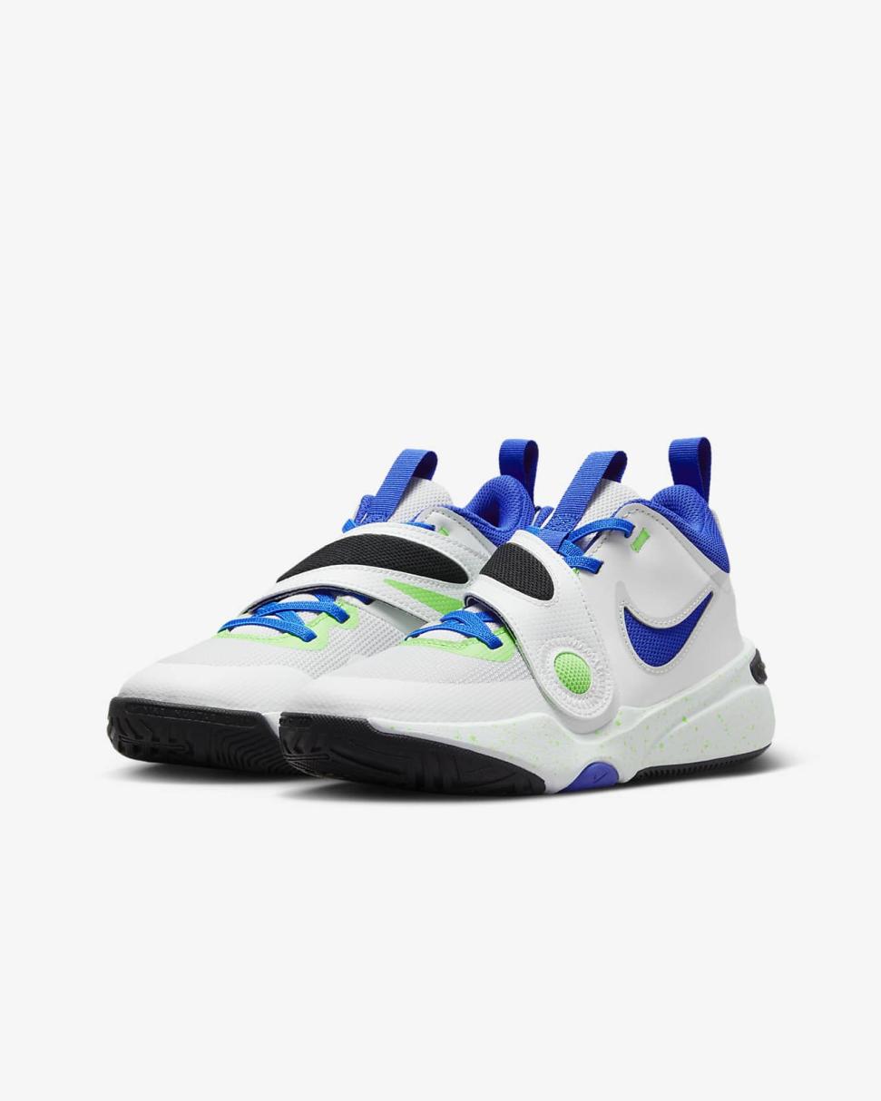 Nike Team Hustle D 11 Summit White/Pure Platinum/Green Strike/Racer Blue | Kids Nike First Day Kicks